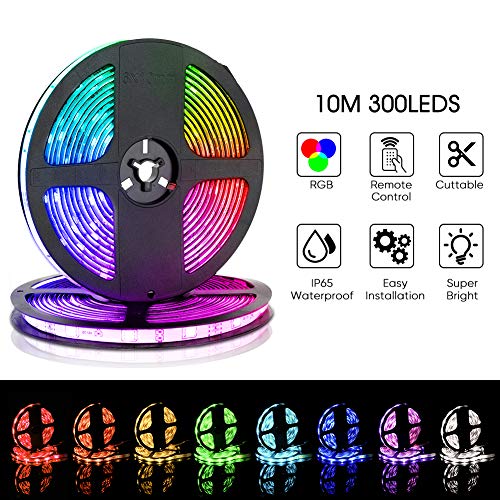 LED Strip Lights 32.8FT/10M, SMD5050 RGB Strip Lights, 300 LEDs, IP65 Waterproof Color Changing Rope Lights with 44 Keys IR Remote Controller for Boat Decoration