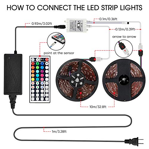 LED Strip Lights 32.8FT/10M, SMD5050 RGB Strip Lights, 300 LEDs, IP65 Waterproof Color Changing Rope Lights with 44 Keys IR Remote Controller for Boat Decoration